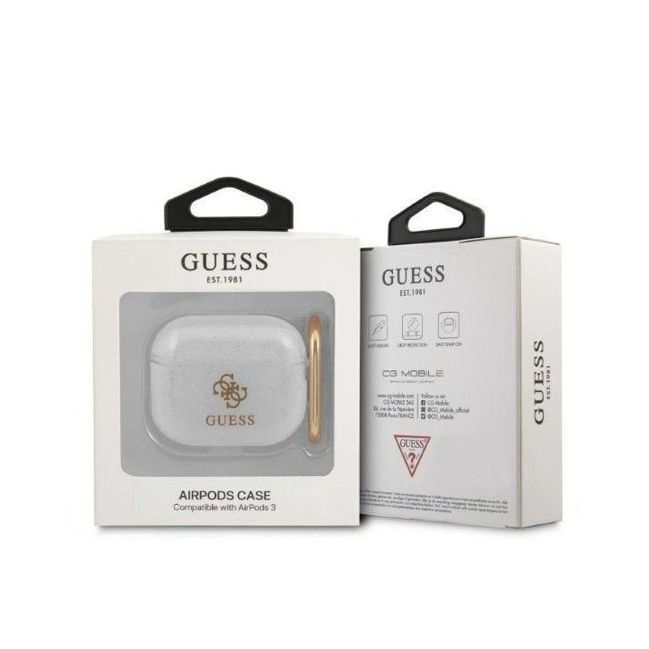 Guess AirPods 3 dėklas – permatomas blizgus dizainas
