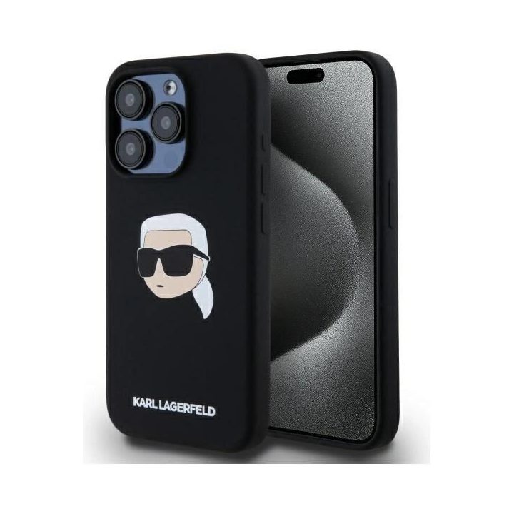 Karl Lagerfeld juodas silikoninis dėklas iPhone 15 Pro (MagSafe)