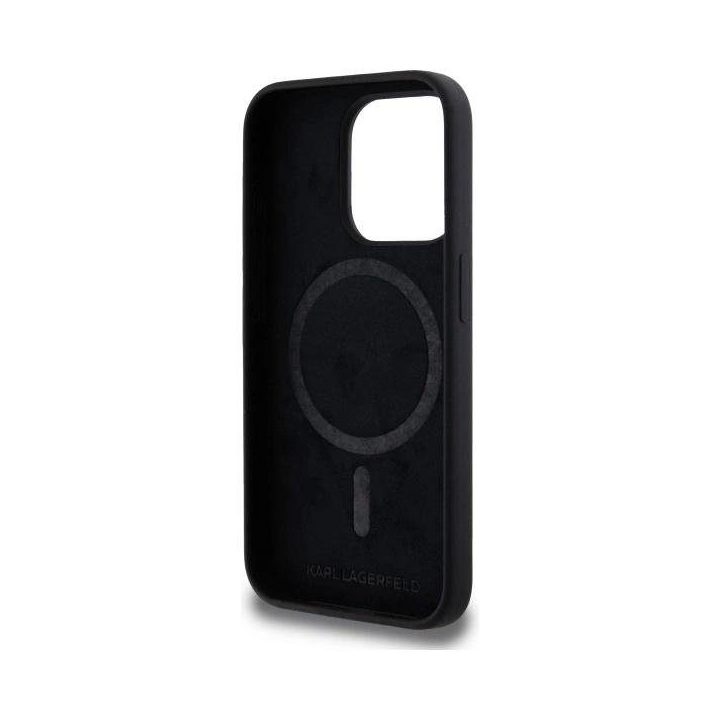 Karl Lagerfeld juodas silikoninis dėklas iPhone 15 Pro (MagSafe)