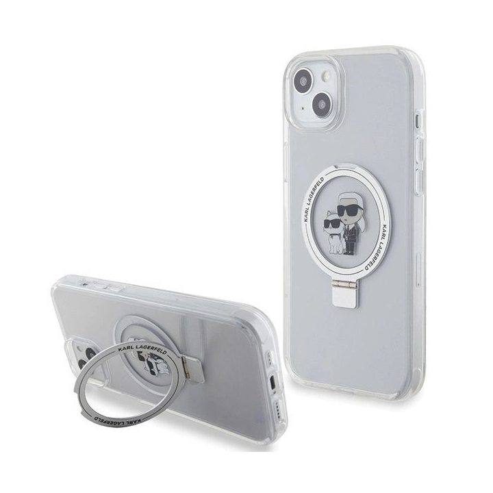 Karl Lagerfeld iPhone 15 Plus/14 Plus dėklas su stovu ir MagSafe – baltas