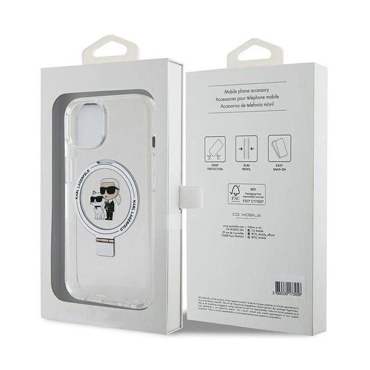 Karl Lagerfeld iPhone 15 Plus/14 Plus dėklas su stovu ir MagSafe – baltas