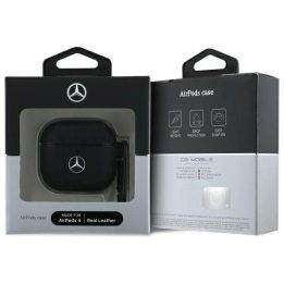 Mercedes AirPods 4 dėklas, juodos odos, su metaliniu logotipu