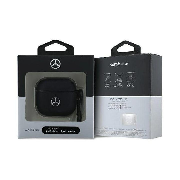 Mercedes AirPods 4 dėklas, juodos odos, su metaliniu logotipu