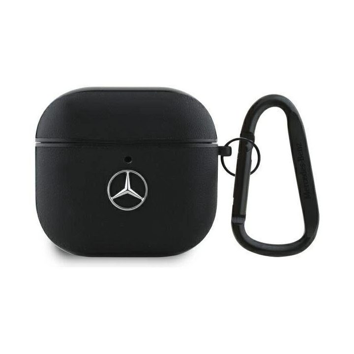 Mercedes AirPods 4 dėklas, juodos odos, su metaliniu logotipu