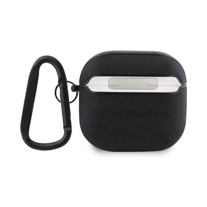Mercedes AirPods 4 dėklas, juodos odos, su metaliniu logotipu
