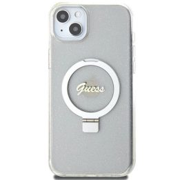 Guess skaidrus kietas dėklas su žiediniu laikikliu ir blizgučiais, MagSafe, iPhone 15 Plus / 14 Plus (6.7 )