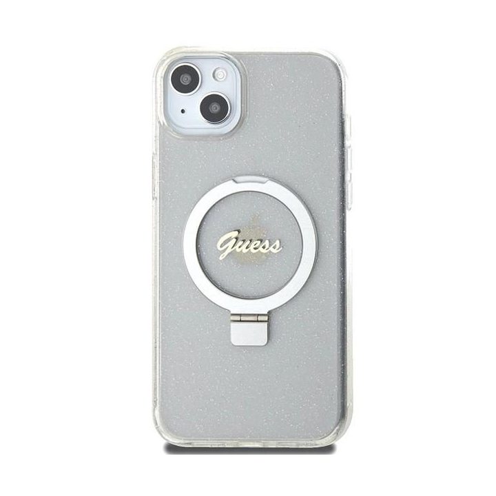 Guess skaidrus kietas dėklas su žiediniu laikikliu ir blizgučiais, MagSafe, iPhone 15 Plus / 14 Plus (6.7 )