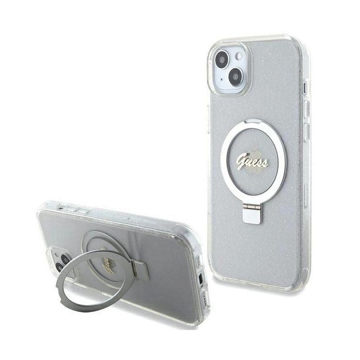 Guess skaidrus kietas dėklas su žiediniu laikikliu ir blizgučiais, MagSafe, iPhone 15 Plus / 14 Plus (6.7 )