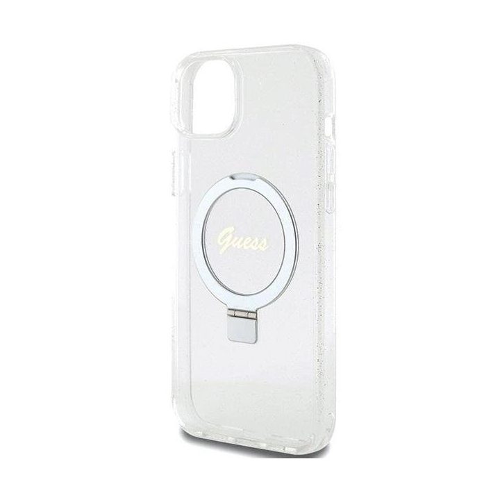 Guess skaidrus kietas dėklas su žiediniu laikikliu ir blizgučiais, MagSafe, iPhone 15 Plus / 14 Plus (6.7 )