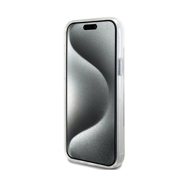 Guess skaidrus kietas dėklas su žiediniu laikikliu ir blizgučiais, MagSafe, iPhone 15 Plus / 14 Plus (6.7 )
