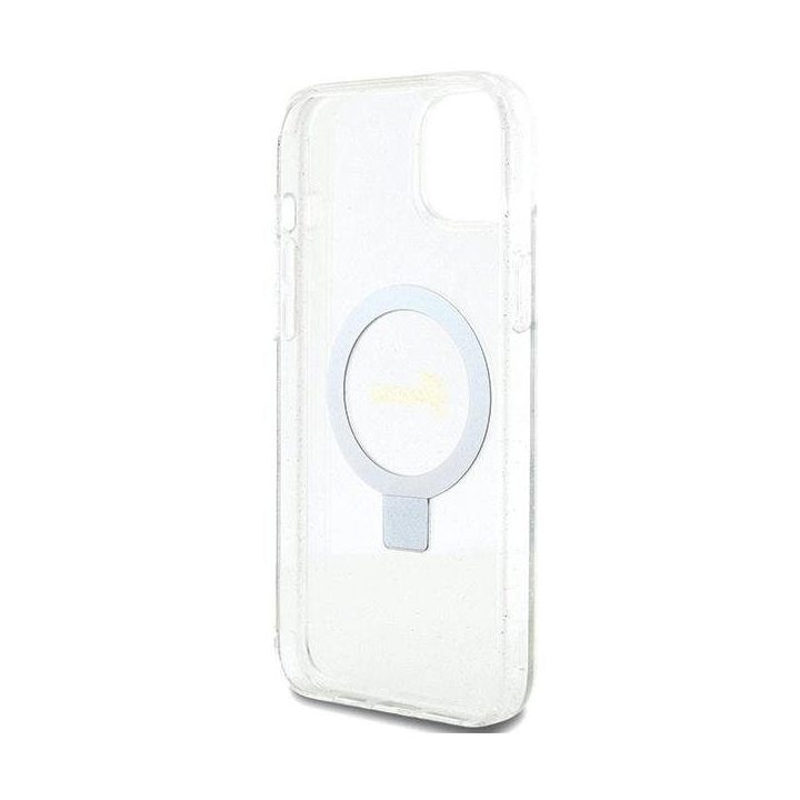 Guess skaidrus kietas dėklas su žiediniu laikikliu ir blizgučiais, MagSafe, iPhone 15 Plus / 14 Plus (6.7 )