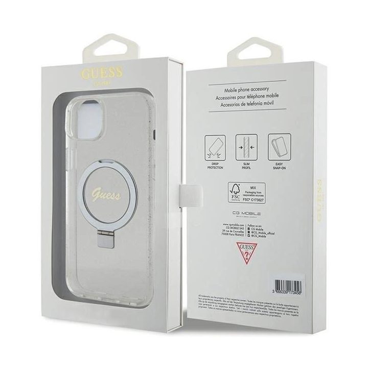 Guess skaidrus kietas dėklas su žiediniu laikikliu ir blizgučiais, MagSafe, iPhone 15 Plus / 14 Plus (6.7 )