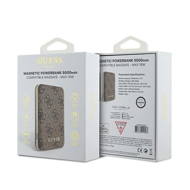 Guess belaidė išorinė baterija 5000mAh, 15W, ruda, MagSafe