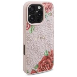 Guess iPhone 16 Pro 6.3 rožinis dėklas su gėlėmis, MagSafe