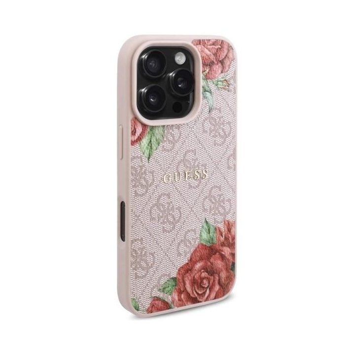 Guess iPhone 16 Pro 6.3 rožinis dėklas su gėlėmis, MagSafe