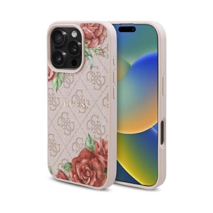Guess iPhone 16 Pro 6.3 rožinis dėklas su gėlėmis, MagSafe