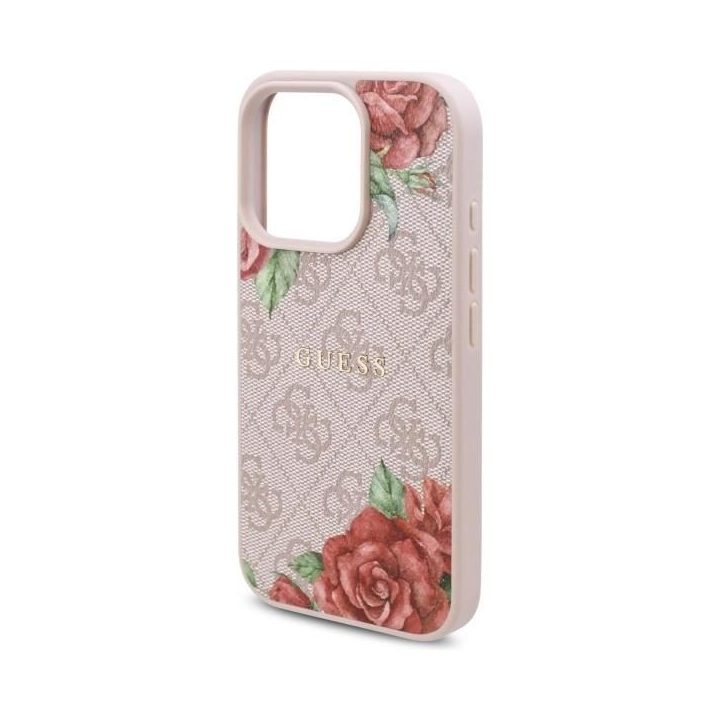 Guess iPhone 16 Pro 6.3 rožinis dėklas su gėlėmis, MagSafe