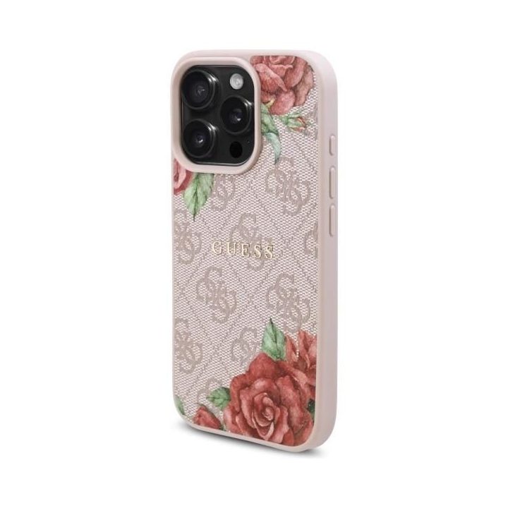 Guess iPhone 16 Pro 6.3 rožinis dėklas su gėlėmis, MagSafe