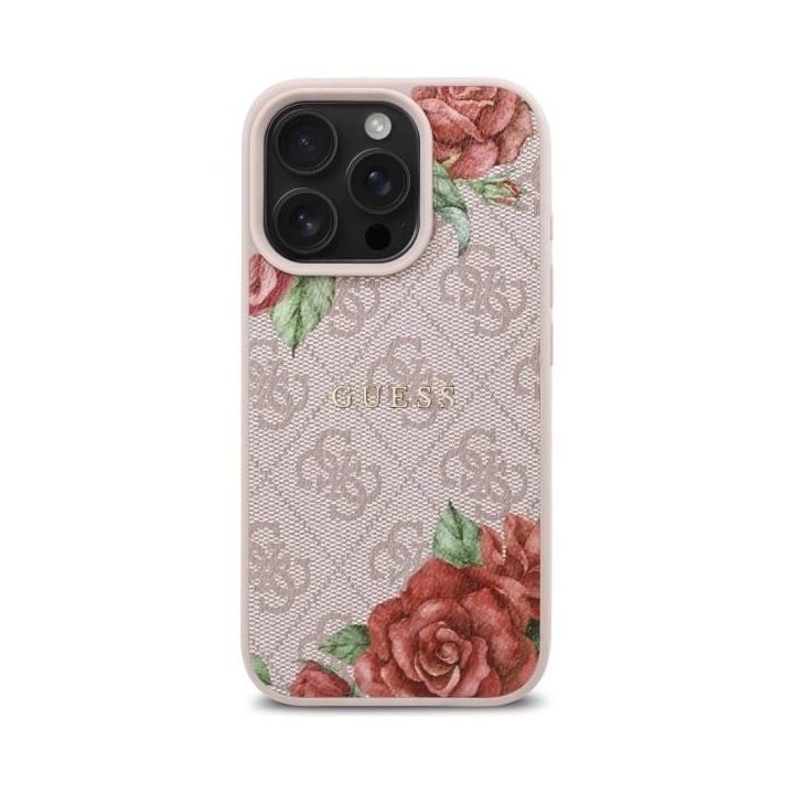 Guess iPhone 16 Pro 6.3 rožinis dėklas su gėlėmis, MagSafe
