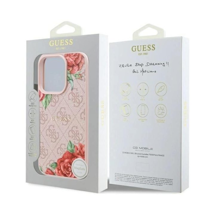 Guess iPhone 16 Pro 6.3 rožinis dėklas su gėlėmis, MagSafe