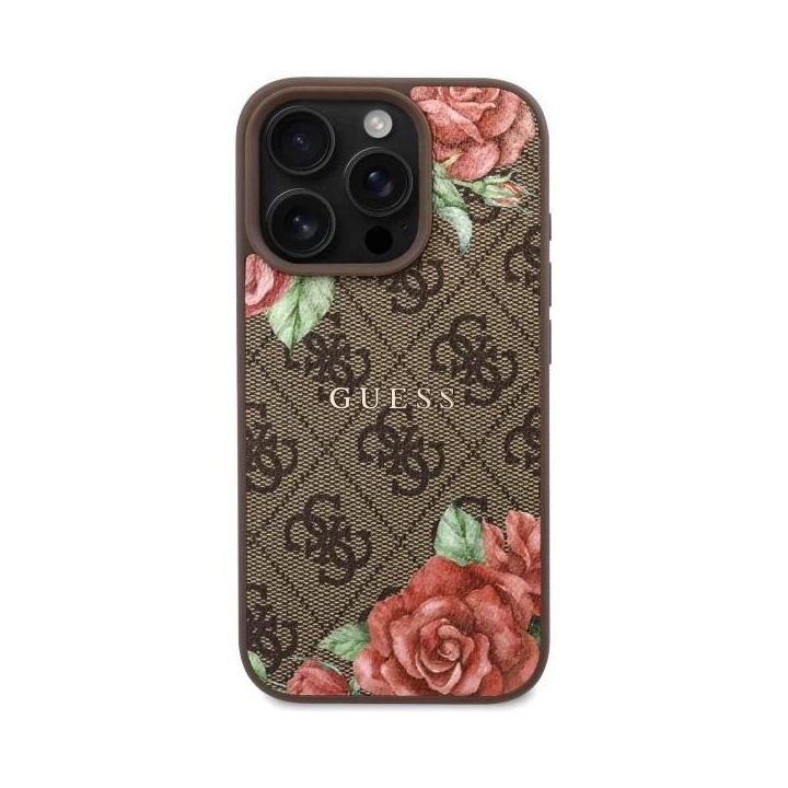 Guess iPhone 16 Pro 6.3 rudas dėklas su gėlių raštu, MagSafe