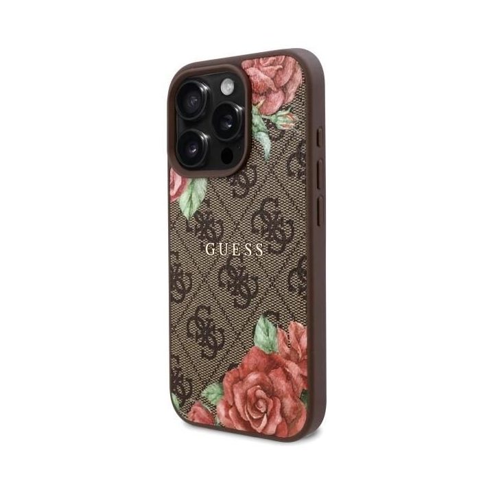 Guess iPhone 16 Pro 6.3 rudas dėklas su gėlių raštu, MagSafe