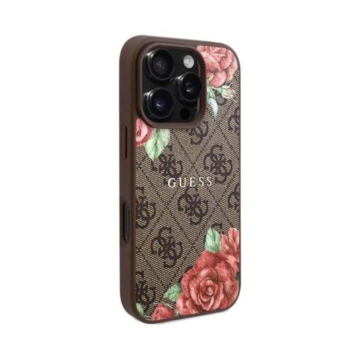 Guess iPhone 16 Pro 6.3 rudas dėklas su gėlių raštu, MagSafe