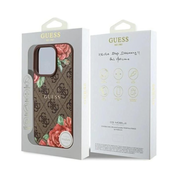 Guess iPhone 16 Pro 6.3 rudas dėklas su gėlių raštu, MagSafe