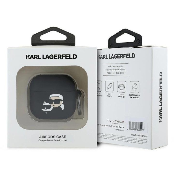 Karl Lagerfeld juodas silikoninis AirPods 4 dėklas Karl & Choupette“ 3D