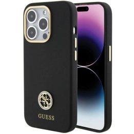 Guess silikoninis dėklas su logotipu ir kristalais iPhone 15 Pro – juodas