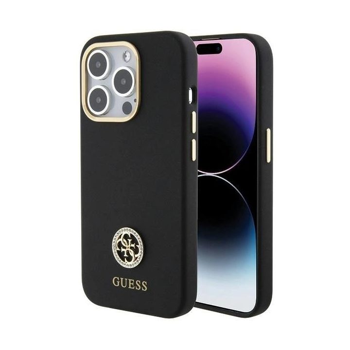 Guess silikoninis dėklas su logotipu ir kristalais iPhone 15 Pro – juodas