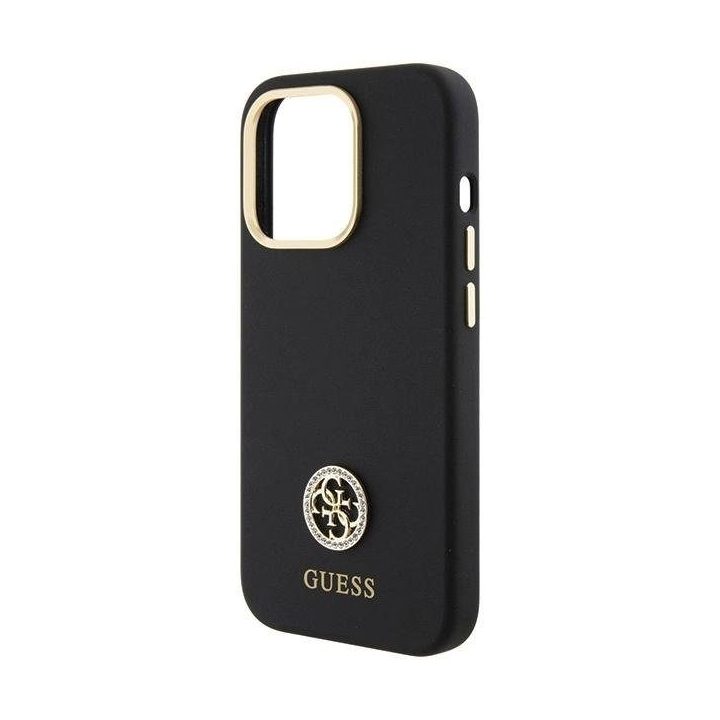 Guess silikoninis dėklas su logotipu ir kristalais iPhone 15 Pro – juodas