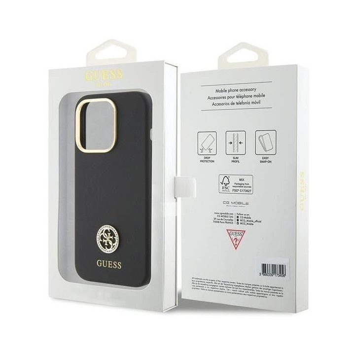 Guess silikoninis dėklas su logotipu ir kristalais iPhone 15 Pro – juodas