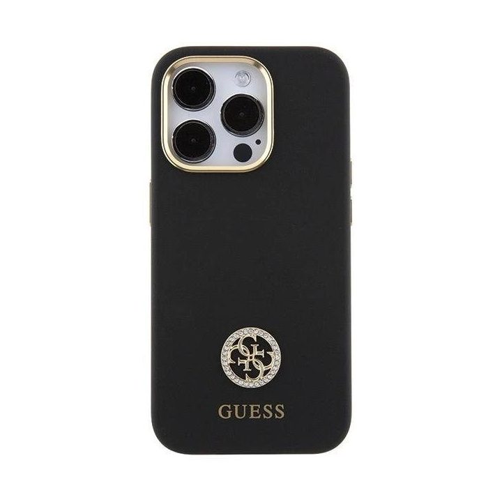 Guess silikoninis dėklas su logotipu ir kristalais iPhone 15 Pro – juodas