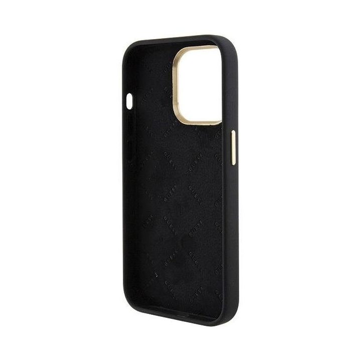 Guess silikoninis dėklas su logotipu ir kristalais iPhone 15 Pro – juodas
