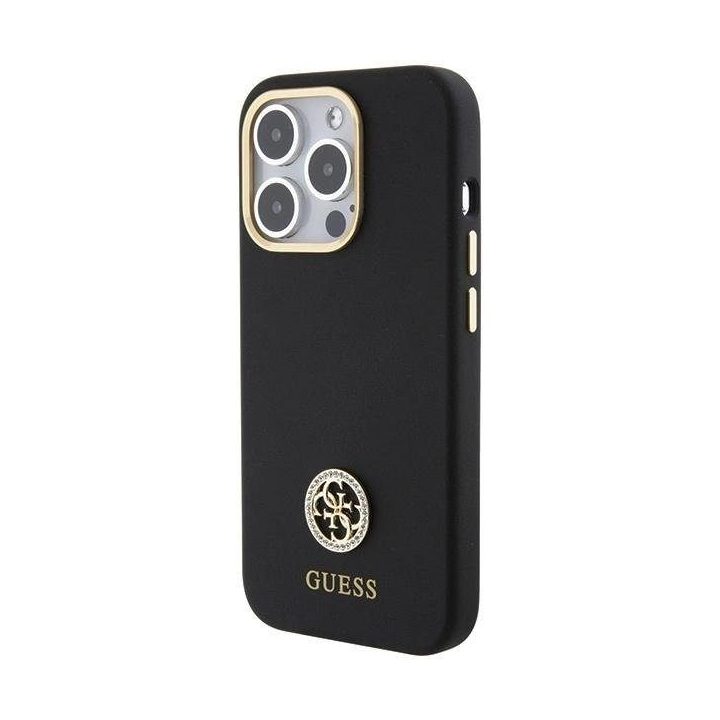 Guess silikoninis dėklas su logotipu ir kristalais iPhone 15 Pro – juodas