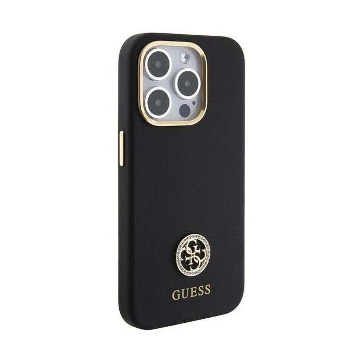 Guess silikoninis dėklas su logotipu ir kristalais iPhone 15 Pro – juodas