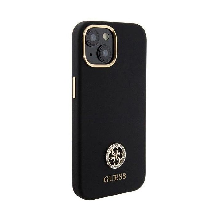 Guess silikoninis dėklas su logotipu ir kristalais iPhone 15 – juodas