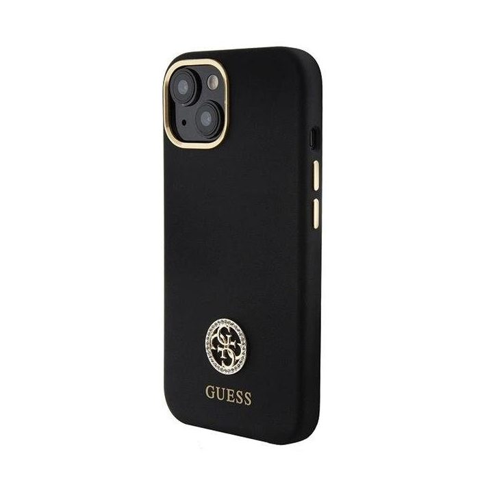 Guess silikoninis dėklas su logotipu ir kristalais iPhone 15 – juodas