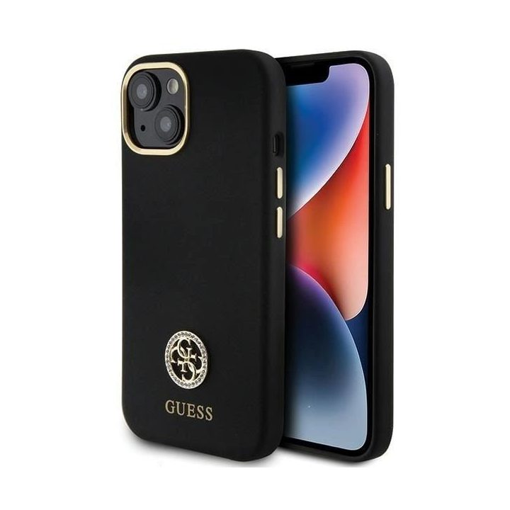 Guess silikoninis dėklas su logotipu ir kristalais iPhone 15 – juodas