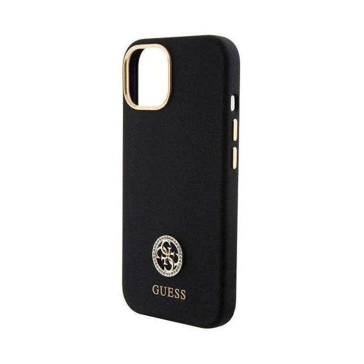 Guess silikoninis dėklas su logotipu ir kristalais iPhone 15 – juodas