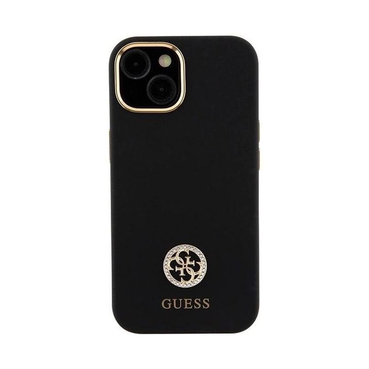 Guess silikoninis dėklas su logotipu ir kristalais iPhone 15 – juodas