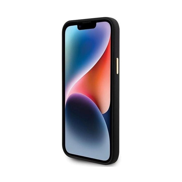 Guess silikoninis dėklas su logotipu ir kristalais iPhone 15 – juodas
