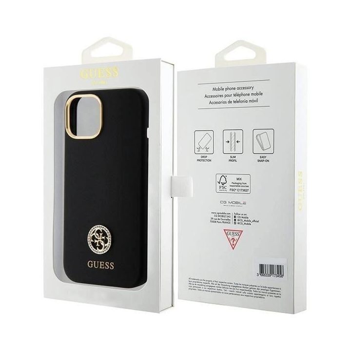 Guess silikoninis dėklas su logotipu ir kristalais iPhone 15 – juodas
