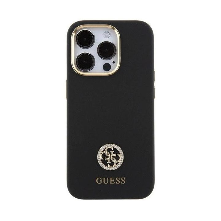 Guess silikoninis dėklas su 4G logotipu ir kristalais iPhone 15 Pro Max – juodas