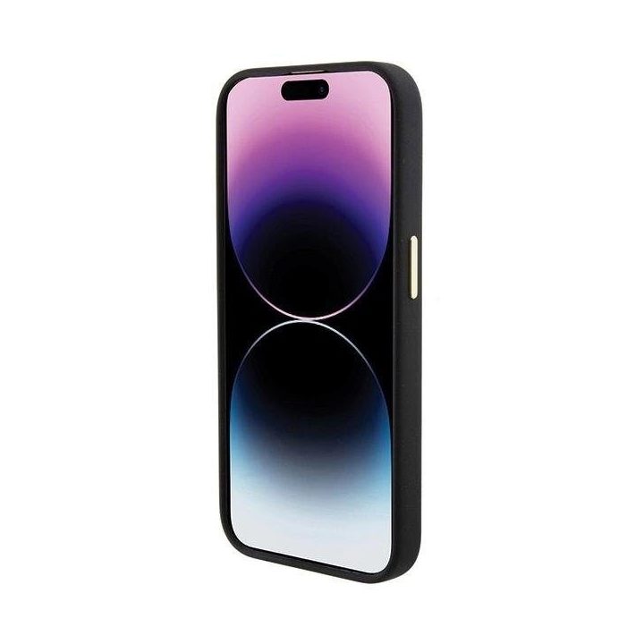 Guess silikoninis dėklas su 4G logotipu ir kristalais iPhone 15 Pro Max – juodas