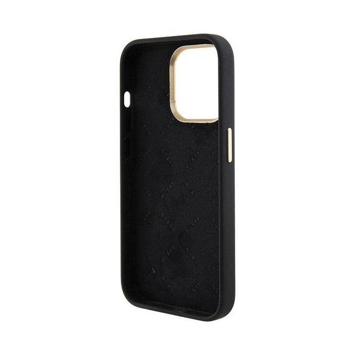 Guess silikoninis dėklas su 4G logotipu ir kristalais iPhone 15 Pro Max – juodas