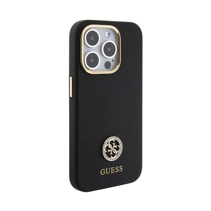 Guess silikoninis dėklas su 4G logotipu ir kristalais iPhone 15 Pro Max – juodas