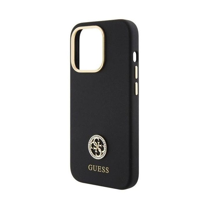 Guess silikoninis dėklas su 4G logotipu ir kristalais iPhone 15 Pro Max – juodas