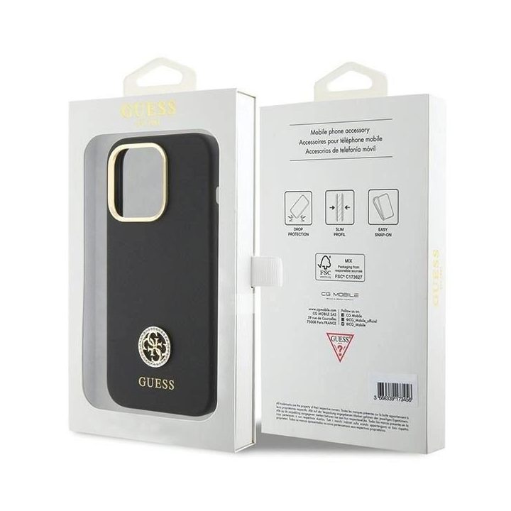 Guess silikoninis dėklas su 4G logotipu ir kristalais iPhone 15 Pro Max – juodas